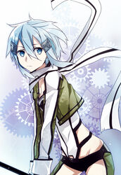  blue_eyes blue_hair commentary_request female jacket jianmo_sl scarf short_hair short_shorts shorts sinon sword_art_online 