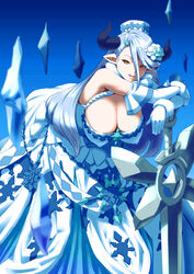  asymmetrical_bangs atatatamu bare_shoulders bent_over blue_hair breasts cleavage commentary_request draph dress elbow_gloves female flower fur_trim gloves granblue_fantasy hair_between_eyes hair_flower hair_ornament hat highres horns ice izmir large_breasts leaning_on_object long_hair looking_at_viewer pointy_ears smile snowflake_hair_ornament snowflake_print solo swept_bangs sword weapon white_gloves 