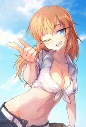  ;d bad_id bad_link bad_twitter_id belt blue_eyes blue_sky blush breasts charlotte_e._yeager cleavage cloud collaboration collarbone collared_shirt colorized crop_top day denim denim_shorts female front-tie_top groin index_finger_raised long_hair makaze_(t-junction) medium_breasts navel ohashi_(hashidate) one_eye_closed open_fly open_mouth orange_hair shirt short_sleeves shorts sky smile solo strike_witches sunlight tied_shirt unzipped world_witches_series 