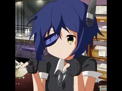  animated animated black_gloves blue_hair chuunibyou_demo_koi_ga_shitai! eyepatch female fiz_(fookiezi) gloves kantai_collection looping_animation lowres necktie sleeves_rolled_up solo sparkling_daydream tenryuu_(kancolle) yellow_eyes 