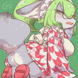  1gir ass fox fullbokko_heroes furry glasses green_eyes green_hair japanese_clothes long_hair lsolo mosamosa_oc 