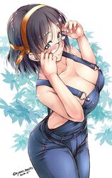  adjusting_eyewear alternate_costume ayano_naoto bare_shoulders black_hair blue_background blue_eyes blush breasts cleavage collarbone commentary_request dated denim female floral_background from_above glasses highres kantai_collection kirishima_(kancolle) kirishima_kai_ni_(kancolle) large_breasts lips looking_at_viewer naked_overalls overalls pants short_hair smile solo twitter_username white_background 