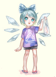  alternate_costume bad_id bad_pixiv_id bag bandaid blue_eyes blue_hair bow cirno contemporary female full_body hair_ornament hair_ribbon hairbow highres ice ice_wings looking_up open_mouth photoshop_(medium) ribbon sandals shirt short_hair short_sleeves shorts simple_background smile solo touhou wings yai_(hachihito) yellow_background 