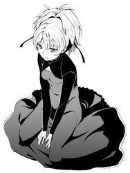  bad_id bad_pixiv_id darker_than_black dress female greyscale hair_ribbon koyoi_mitsuki monochrome ponytail ribbon sitting solo wariza yin_(darker_than_black) 