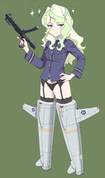  blonde_hair blue_eyes breast_pocket commentary_request crossover diana_cavendish female full_body garter_belt gun holding holding_gun holding_weapon little_witch_academia long_hair meow_(nekodenki) necktie no_pants panties parody pocket solo standing sterling_smg striker_unit submachine_gun thighhighs underwear weapon world_witches_series 