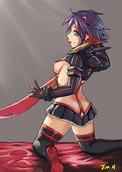  absurdres blood boots breasts commentary_request elbow_gloves female from_behind gloves highres jonathan_h kill_la_kill kneeling matoi_ryuuko medium_breasts microskirt pool_of_blood revealing_clothes scissor_blade_(kill_la_kill) senketsu skirt solo suspenders thigh_boots thighhighs underboob 