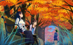  3girls autumn autumn_leaves bench black_hair black_legwear black_skirt blue_skirt breasts brown_eyes brown_hair collarbone commentary_request day koko_(koko3) large_breasts long_hair looking_at_viewer looking_away multiple_girls original outdoors pantyhose photoshop_(medium) scenery short_hair sitting skirt sweater 