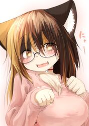  :d animal_ears bell black-framed_eyewear blush breasts brown_eyes brown_hair cat_ears choker commentary_request ears_down female furry furry_female glasses highres jingle_bell kagarimachi_konatsu long_sleeves looking_at_viewer multicolored_hair neck_bell nekotsuki_kohime_(kagarimachi_konatsu) nyan oerba_yun_fang open_mouth original paw_pose pink_background pink_sweater red_choker semi-rimless_eyewear smile solo sweater under-rim_eyewear 