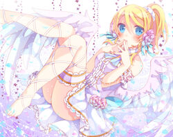  ayase_eli barefoot blonde_hair blue_eyes blush dress female flower garter garters gradient gradient_background leg_garter long_hair looking_at_viewer love_live!_school_idol_project microphone mogu ponytail solo wings 