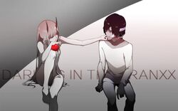  1boy apple bandage_on_face bandaged_head bandaged_neck bandages barefoot black_hair breasts chenaze57 clothed_male_nude_female commentary_request completely_nude couple darling_in_the_franxx female fingernails food fruit hair_censor hair_over_breasts hair_over_crotch hair_over_one_breast hand_on_another&#039;s_chin highres hiro_(darling_in_the_franxx) holding holding_food holding_fruit horns large_breasts long_hair looking_at_another nude oni_horns pajamas pink_hair red_horns sitting straight very_long_hair zero_two_(darling_in_the_franxx) 