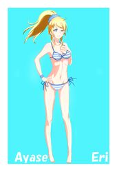  absurdres ass_visible_through_thighs ayase_eli bad_id bad_pixiv_id barefoot bikini blonde_hair blue_eyes border breasts character_name cleavage commentary_request female front-tie_top groin hand_on_own_hip high_ponytail highres love_live! love_live!_school_idol_project mebi_il medium_breasts one_eye_closed ponytail side-tie_bikini_bottom smile solo striped_bikini striped_clothes swimsuit white_border 