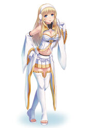  blonde_hair blue_eyes blush boots breasts cleavage cleavage_cutout closed_mouth clothing_cutout commentary_request detached_sleeves earmuffs elbow_gloves evelysse_(star_ocean) female frills full_body gloves hand_on_own_hip hand_up index_finger_raised koko_(koko3) large_breasts leaning_forward long_hair looking_at_viewer midriff miniskirt navel pleated_skirt sidelocks simple_background skirt smile solo star_ocean star_ocean_anamnesis straight_hair thigh_boots thighhighs toeless_legwear turtleneck white_background white_footwear white_gloves white_skirt wide_sleeves zettai_ryouiki 