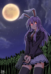  animal_ears bad_deviantart_id bad_id bamboo bamboo_forest black_thighhighs blazer breasts ebr-kii female forest full_moon glowing glowing_eyes gun holding holding_gun holding_weapon jacket long_hair looking_away medium_breasts moon nature pleated_skirt purple_hair rabbit_ears red_eyes reisen_udongein_inaba skirt sky solo star_(sky) star_(symbol) starry_sky thighhighs touhou trigger_discipline weapon 