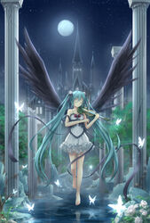  aqua_hair asakurashinji barefoot black_wings bow_(music) castle closed_eyes colonnade column commentary_request dress feathered_wings female floating flower full_moon hair_flower hair_ornament hair_ribbon hatsune_miku highres holding holding_bow_(music) holding_instrument holding_violin instrument long_hair moon music night night_sky photoshop_(medium) pillar playing_instrument ribbon ripples rose sky solo spread_wings star_(sky) starry_sky twintails very_long_hair violin vocaloid water white_flower white_rose wings 