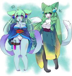  2_tails asian_clothing clothing domestic_cat duo east_asian_clothing felid feline felis female fundoshi green_hair hair hi_res japanese_clothing kemono legwear long_hair mammal multi_tail powderkona purple_eyes stockings tail underwear 