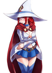  aged_up atatatamu belt blush breast_hold breasts cape choker cleavage commentary_request cowboy_shot crossed_arms earrings female glasses hat highres jewelry large_breasts little_witch_academia long_hair navel red_eyes red_hair shiny_chariot skirt solo spoilers thighhighs ursula_charistes white_background witch witch_hat 