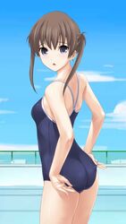  :o adjusting_clothes adjusting_swimsuit blue_eyes brown_hair competition_school_swimsuit cowboy_shot day female headshop highres one-piece_swimsuit outdoors school_swimsuit solo swimsuit third-party_edit wacchi 