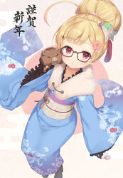  ahoge animal azur_lane blue_kimono blush boar boots bow brown-framed_eyewear brown_footwear brown_gloves chinese_zodiac closed_eyes closed_mouth commentary_request egasumi eldridge_(azur_lane) eldridge_(new_year&#039;s_outing)_(azur_lane) female floral_print flower frilled_sleeves frills fujieda_uzuki fur_collar glasses gloves green_flower hair_bun hair_flower hair_ornament hairbow half_gloves high_heel_boots high_heels highres holding holding_animal japanese_clothes kimono long_sleeves looking_at_viewer new_year obi official_alternate_costume official_alternate_hairstyle print_kimono purple_flower red_eyes sash single_hair_bun sleeves_past_wrists solo translated white_bow wide_sleeves year_of_the_pig 