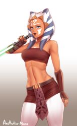  1girls abs absurdres aestheticc-meme ahsoka_tano alien alien_girl beltskirt breasts cleavage clone_wars clothed female female_only green_lightsaber highres leaning_to_the_side lightsaber looking_at_viewer red_skirt skirt standing star_wars togruta 