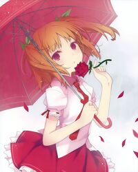  female flower harusaki_chiwa head_tilt highres looking_at_viewer necktie open_mouth orange_hair ore_no_kanojo_to_osananajimi_ga_shuraba_sugiru petals pink_eyes rose ruroo scan solo two_side_up umbrella 