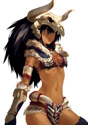  animal_skull armband armor bikini bikini_armor black_gloves black_hair black_legwear check_commentary closed_mouth commentary commentary_request dark-skinned_female dark_skin dober_(armor) fake_horns female fur_trim gauntlets gloves green_eyes hair_between_eyes horned_headwear horns long_hair maeya_susumu monster_hunter:_world monster_hunter_(character) monster_hunter_(series) navel skull_on_head solo swimsuit tribal 