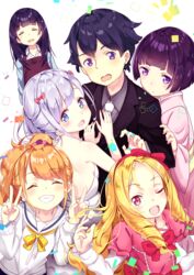  1boy 5girls ;d amacha apron backless_dress backless_outfit black_apron black_hair black_jacket blonde_hair bow breasts brown_hair closed_eyes collarbone commentary_request double_v dress drill_hair eromanga_sensei formal grey_hair grey_shirt grin hair_ribbon hairbow highres izumi_masamune izumi_sagiri jacket japanese_clothes jinno_megumi kimono multiple_girls necktie obi one_eye_closed open_mouth pink_bow pink_kimono ponytail purple_eyes red_eyes red_ribbon ribbon sash senju_muramasa shirt short_hair sideboob simple_background sleeveless sleeveless_dress small_breasts smile strapless strapless_dress takasago_tomoe twin_drills v white_background white_dress white_necktie white_shirt yamada_elf yukata 