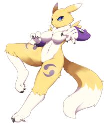  2019 absurd_res alpha_channel anthro armwear armwear_only bandai_namco black_sclera blue_eyes breasts bridal_gauntlets bridal_gauntlets_only canid canine chest_tuft clothing digimon digimon_(species) featureless_breasts featureless_crotch female full-length_portrait fur hi_res mammal masc0t361 mostly_nude navel portrait renamon simple_background solo transparent_background tuft white_body white_fur yellow_body yellow_fur yin_yang 