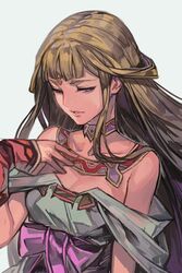  blonde_hair blue_eyes breasts cleavage detached_sleeves dress female grey_background half-closed_eyes hand_on_own_chest hand_up hungry_clicker long_hair off_shoulder parted_lips sash shiho_(valkyrie_profile) simple_background solo upper_body valkyrie_profile_(series) white_dress 