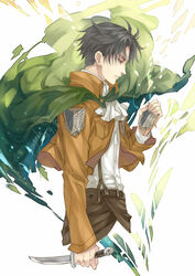  1boy ascot badge black_hair commentary dagger emblem jacket kagalin knife levi_(shingeki_no_kyojin) male_focus paradis_military_uniform profile shingeki_no_kyojin solo survey_corps_(emblem) weapon 