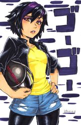  absurdres big_hero_6 black_hair breasts brown_eyes commentary cowboy_shot dated denim denim_shorts english_commentary eyeshadow female gogo_tomago hair_between_eyes hand_on_own_hip helmet highres holding holding_helmet jacket lipstick makeup marker_(medium) mikkusushi multicolored_hair open_clothes open_jacket open_mouth orange_eyes pants pants_under_shorts purple_hair purple_lips shiny_clothes shirt short_hair short_shorts shorts signature solo standing traditional_media two-tone_hair unzipped yoga_pants zipper 