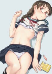  bad_id bad_pixiv_id blush bra bra_strap brown_eyes brown_hair glasses kantai_collection long_hair lying makio_(makiomeigenbot) navel on_back panties pleated_skirt sailor_collar school_uniform semi-rimless_eyewear skirt solo thigh_gap underwear uranami_(kantai_collection) 