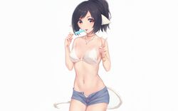  bikini black_hair breasts brown_eyes kuon_(utawarerumono) miura_naoko navel necklace popsicle shorts swimsuit tail utawarerumono wristwear 