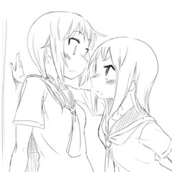  2girls commentary_request greyscale ichii_yui kabedon monochrome multiple_girls necktie okano_kei school_uniform serafuku twintails uasi yuyushiki yuyushiki&#039;s_school_uniform 