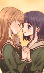  2girls artist_name black_eyes black_hair blonde_hair blunt_bangs blush bob_cut closed_eyes commentary_request face-to-face from_side holding interlocked_fingers lillian_girls&#039;_academy_school_uniform long_sleeves maria-sama_ga_miteru multiple_girls niina_ryou nijou_noriko school_uniform serafuku short_hair toudou_shimako upper_body yellow_background yuri 