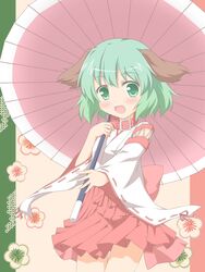  alternate_costume animal_ears blush collar commentary_request female green_eyes green_hair highres japanese_clothes kasodani_kyouko miko oerba_yun_fang oil-paper_umbrella open_mouth shino_megumi short_hair skirt smile solo touhou umbrella 