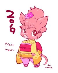  female furry japanese_clothes pig pink_hair red_eyes sandals solo woory 