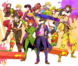  .52_gal_(splatoon) 6+boys aiming bad_id bad_pixiv_id battle_tendency blaster_(splatoon) boots caesar_anthonio_zeppeli chains crossover diamond_wa_kudakenai dio_brando dual_persona earrings fingerless_gloves gakuran gloves gun hat headband higashikata_josuke jacket jewelry jojo_no_kimyou_na_bouken jonathan_joestar joseph_joestar joseph_joestar_(young) kakyoin_noriaki knee_pads kujo_jotaro multicolored_background multiple_boys paint paint_splatter parody phantom_blood pointy_footwear pompadour school_uniform shoes shuntaro_(syun_gaomu) splat_charger_(splatoon) splat_roller_(splatoon) splatoon_(series) splatoon_1 splattershot_(splatoon) stardust_crusaders tank_top weapon winged_hair_ornament 