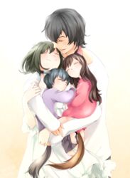  2boys 2girls affectionate ame_(ookami_kodomo) animal_ears beard black_hair blue_hair brown_hair closed_eyes commentary_request cream_(nipakupa) dress facial_hair family father_and_daughter father_and_son hana_(ookami_kodomo) highres hug long_hair messy_hair mother_and_daughter mother_and_son multiple_boys multiple_girls ookami_kodomo_no_ame_to_yuki ookami_otoko shirt short_hair siblings sleeping smile swept_bangs tail white_dress white_shirt wolf_ears wolf_tail yuki_(ookami_kodomo) 