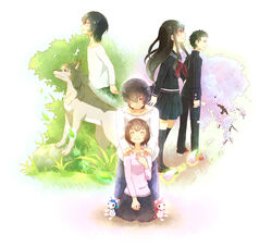  2girls 3boys ame_(ookami_kodomo) animalization beard black_eyes black_hair blazer blue_eyes blush brown_hair buttons cherry_blossoms closed_eyes collarbone commentary_request denim dress dual_persona facial_hair grass green_eyes green_hair hair_over_one_eye hana_(ookami_kodomo) hand_on_own_chest hands_on_another&#039;s_shoulders jacket jeans kneeling light_smile multiple_boys multiple_girls necktie ookami_kodomo_no_ame_to_yuki ookami_otoko pants petals red_eyes rock sailor_dress school_uniform serafuku sidelocks siro-kuro-siro2 sitting skirt smile souhei_(ookami_kodomo) spiked_hair spoilers stuffed_toy tree wolf yuki_(ookami_kodomo) 