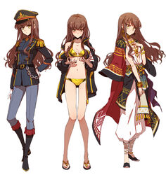  alternate_costume anklet belt bikini bikini_under_clothes blush boots bracelet brown_hair chains commentary_request cosplay costume_chart earrings embarrassed epaulettes fate/extella fate/extra fate_(series) female full_body gilgamesh_(cold-blooded_warden)_(fate) gilgamesh_(cold-blooded_warden)_(fate)_(cosplay) gilgamesh_(fate) gilgamesh_(fate)_(cosplay) gilgamesh_(praise_my_charming_beauty)_(fate) gilgamesh_(praise_my_charming_beauty)_(fate)_(cosplay) gilgamesh_(sumerian_garb)_(fate) gilgamesh_(sumerian_garb)_(fate)_(cosplay) gold hand_on_own_hip hat jacket jacket_on_shoulders jewelry kishinami_hakuno_(female) liusang long_hair looking_at_viewer looking_down military military_uniform multiple_persona necklace official_alternate_costume open_clothes open_jacket peaked_cap slippers smile standing swimsuit uniform wavy_hair white_background yellow_bikini yellow_eyes 