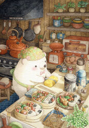  animal bear bento blush bow bowtie bread colored_pencil_(medium) commentary_request cutting_board egg food highres holding holding_knife indoors kettle kitchen kitchen_hood kitchen_knife kitchen_scale knife looking_away no_humans onigiri original painting_(medium) pink_bow pink_bowtie pot santoku_knife scissors shelf signature spatula st.kuma stove toaster_oven traditional_media watercolor_(medium) weighing_scale 