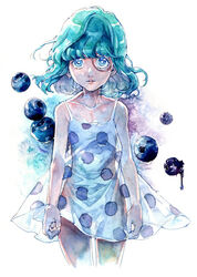  aqua_hair bangs blue_eyes blueberry donquixote_pirates dress dressrosa female food fruit lolicon looking_at_viewer luzy monocle one_piece polka_dot polka_dot_dress short_dress solo sugar_(one_piece) 