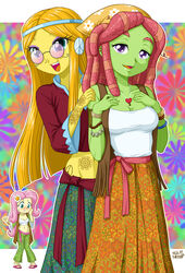  2girls animification bandana bracelet commentary earrings fluttershy_(mlp) glasses headband jewelry midriff multiple_girls my_little_pony my_little_pony:_equestria_girls my_little_pony:_friendship_is_magic personification sandals tattoo tree_hugger uotapo wheat_grass 