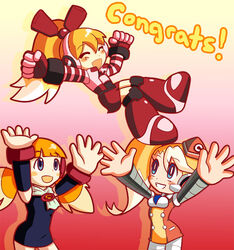  3girls ^_^ android blonde_hair blue_eyes blush_stickers call_(mighty_no._9) call_e call_f call_h cheering closed_eyes commentary_request congratulations detached_sleeves garrison_cap hat headphones lifting mighty_no._9 multicolored_hair multiple_girls pantyhose pontata ponytail side_ponytail striped_sleeves twintails two-tone_hair uniform white_hair 