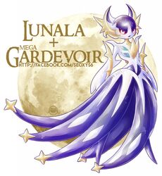  2016 blue_body hybrid lunala mega_evolution mega_gardevoir moon nintendo pokemon purple_body red_sclera seoxys6 simple_background video_games white_background white_body white_eyes yellow_body 