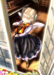  blonde_hair commentary_request dress female from_outside green_eyes instrument lolicon looking_outside music original piano playing_instrument sabamu short_hair short_twintails smile solo twintails violin window wings 