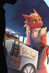  2019 ambiguous_gender anthro apron blaziken blue_eyes cart chest_tuft clothing cookware day food_cart frying_pan fur generation_3_pokemon headgear headwear hi_res kitchen_utensils kojin kuttoyaki ladle looking_aside nintendo pokemon pokemon_(species) red_body red_fur scut_tail scuted_arms scutes shaded short_tail sky smile solo spatula tail tools tuft umbrella vending_cart walking yellow_body yellow_fur yellow_sclera 