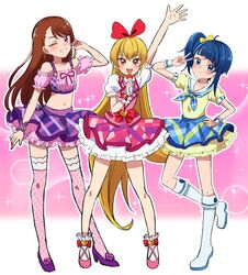  3girls aikatsu! aikatsu!_(series) ankle_bow arm_at_side blonde_hair blue_eyes blue_hair boots bow brown_hair closed_mouth commentary cosplay dokidoki!_precure dress fishnet_thighhighs fishnets full_body grin hairbow hand_up highres hijiri_ageha hirogaru_sky!_precure holding holding_microphone hoshimiya_ichigo hoshimiya_ichigo_(cosplay) in-franchise_crossover kiriya_aoi kiriya_aoi_(cosplay) knee_boots layered_skirt long_hair look-alike microphone multiple_girls navel neckerchief one_eye_closed open_mouth pink_eyes pink_footwear pink_thighhighs precure purple_eyes purple_footwear red_bow regina_(dokidoki!_precure) sailor_dress shibuki_ran shibuki_ran_(cosplay) shoes short_hair short_sleeves side_ponytail skirt smile socks sora_harewataru standing thighhighs w white_footwear white_socks yellow_bow yumi_san0112 