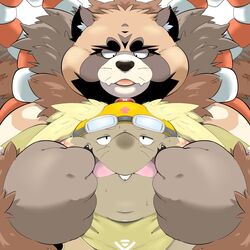  1:1 2022 anthro armor biped brown_body canid canine duo hard_hat headgear helmet hi_res humanoid_hands kemono male mammal marumaru_hh overweight overweight_male poketalesof raccoon_dog tanuki 