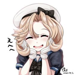  bangs black_neckwear blonde_hair blue_eyes blue_sailor_collar closed_eyes commentary_request dated dress facing_viewer female gloves hands_on_own_face hat highres janus_(kantai_collection) kantai_collection parted_bangs sailor_collar sailor_dress sailor_hat short_hair short_sleeves signature simple_background smile solo tk8d32 upper_body white_background white_dress white_gloves white_headwear 